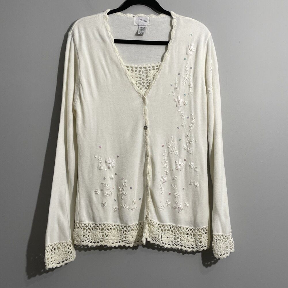 Teddi Women’s Cream Knit Cardigan L Embroidered Floral Sweater Soft Lightweight